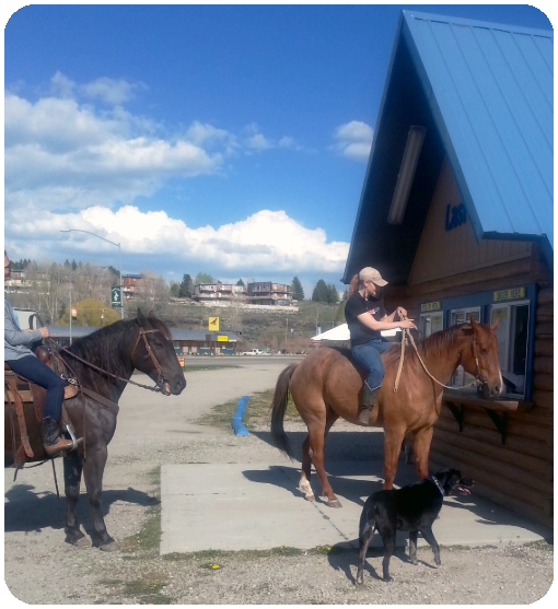 Customers ordering from horseback with an excited dog beside them